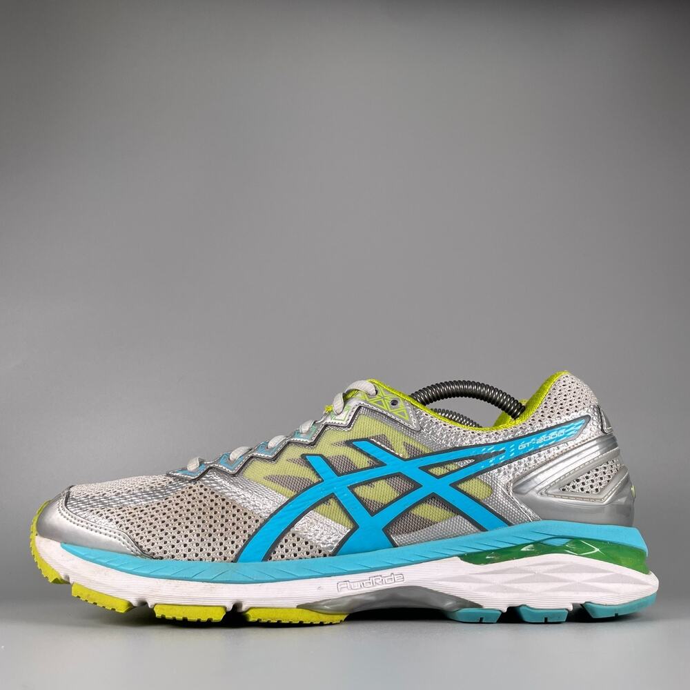 Womens 11 Mens 10 Asics GT-2000 4 Gray Blue Yellow Athletic Running Shoe Sneaker